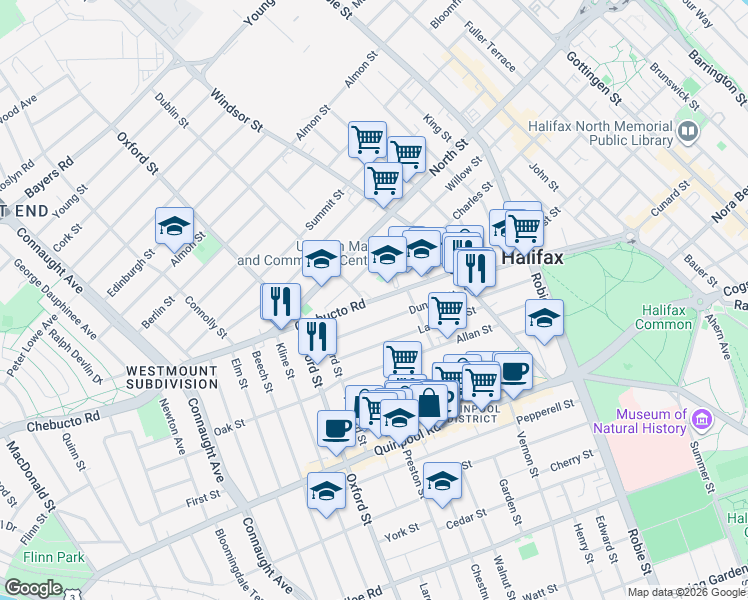 map of restaurants, bars, coffee shops, grocery stores, and more near 6241 Duncan Street in Halifax