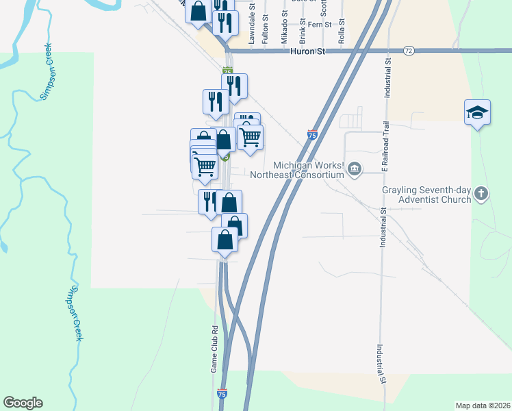 map of restaurants, bars, coffee shops, grocery stores, and more near 2425 Interstate 75 Business in Grayling