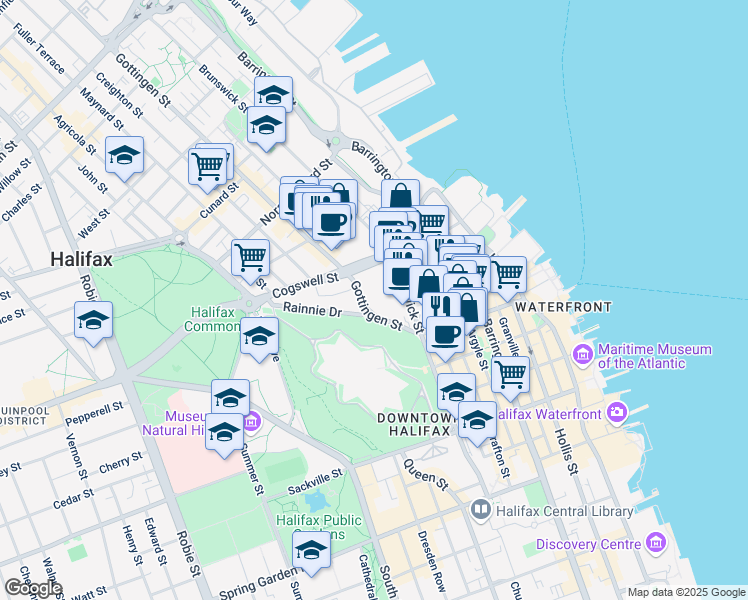 map of restaurants, bars, coffee shops, grocery stores, and more near 1903 Gottingen Street in Halifax