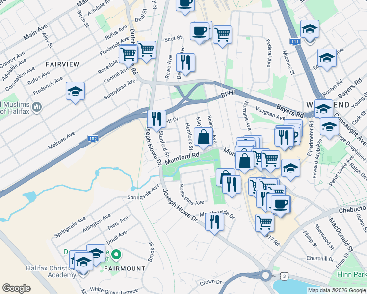 map of restaurants, bars, coffee shops, grocery stores, and more near 3119 Ashburn Avenue in Halifax