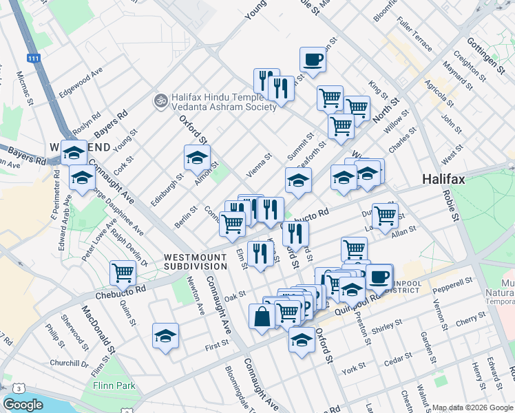 map of restaurants, bars, coffee shops, grocery stores, and more near 6415 Seaforth Street in Halifax