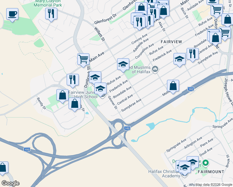 map of restaurants, bars, coffee shops, grocery stores, and more near 24 Gesner Street in Halifax