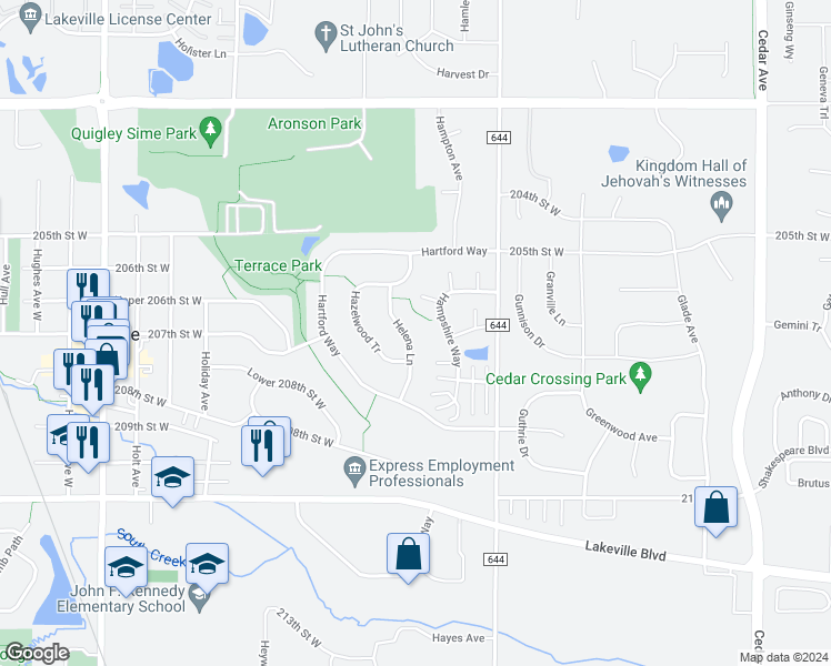 map of restaurants, bars, coffee shops, grocery stores, and more near 20690 Helena Lane in Lakeville
