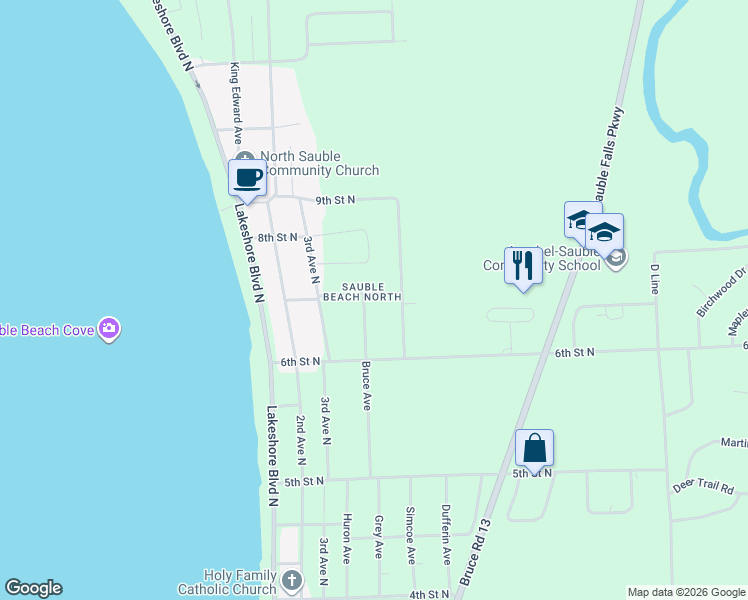 map of restaurants, bars, coffee shops, grocery stores, and more near 647 Bruce Avenue in Sauble Beach