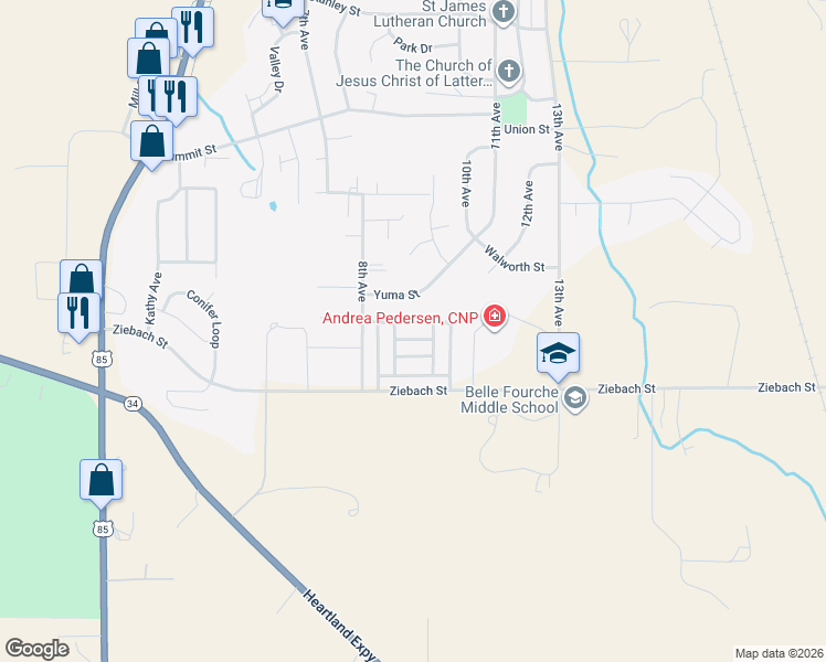 map of restaurants, bars, coffee shops, grocery stores, and more near 902 Yuma Street in Belle Fourche