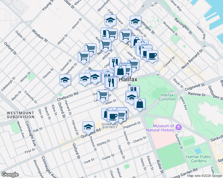 map of restaurants, bars, coffee shops, grocery stores, and more near in Halifax