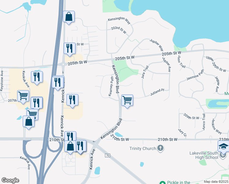 map of restaurants, bars, coffee shops, grocery stores, and more near 20596 Kearney Path in Lakeville
