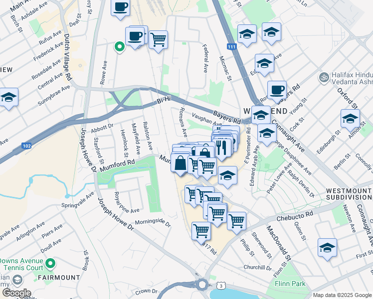 map of restaurants, bars, coffee shops, grocery stores, and more near 3162 Romans Avenue in Halifax