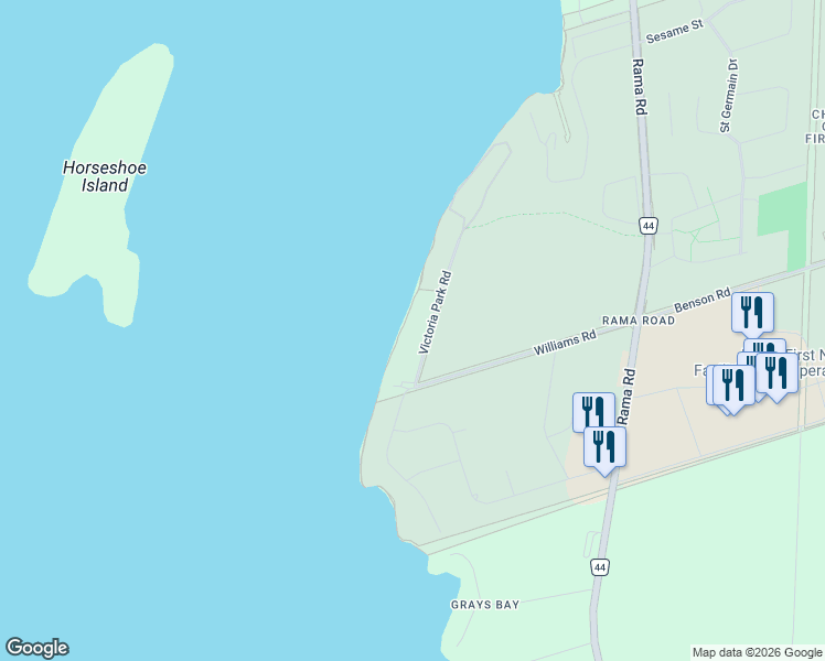 map of restaurants, bars, coffee shops, grocery stores, and more near 5828 Victoria Park Road in Orillia