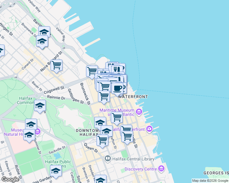 map of restaurants, bars, coffee shops, grocery stores, and more near in Halifax