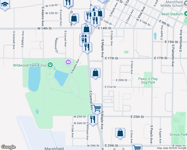 map of restaurants, bars, coffee shops, grocery stores, and more near 1905 South Central Avenue in Marshfield