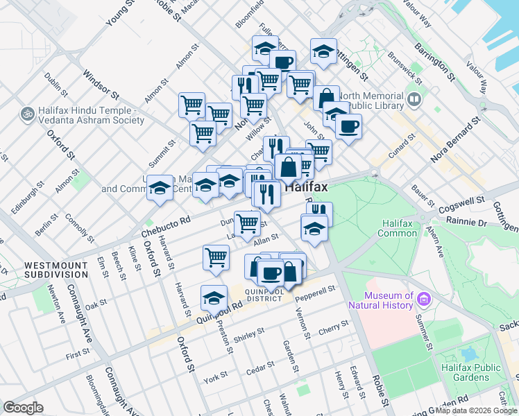 map of restaurants, bars, coffee shops, grocery stores, and more near 2186 Windsor Street in Halifax