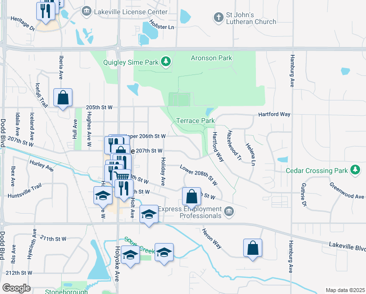 map of restaurants, bars, coffee shops, grocery stores, and more near 8460 Upper 206th Street West in Lakeville
