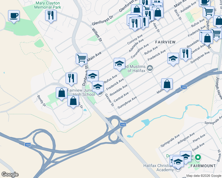 map of restaurants, bars, coffee shops, grocery stores, and more near 152 Rufus Avenue in Halifax