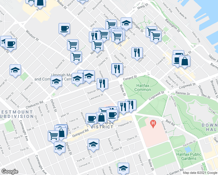 map of restaurants, bars, coffee shops, grocery stores, and more near 6067 Compton Avenue in Halifax