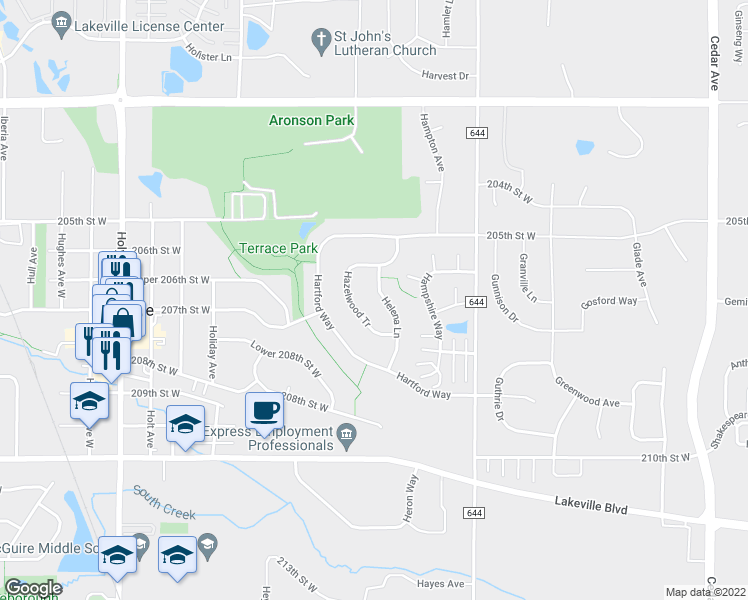 map of restaurants, bars, coffee shops, grocery stores, and more near 20659 Helena Lane in Lakeville