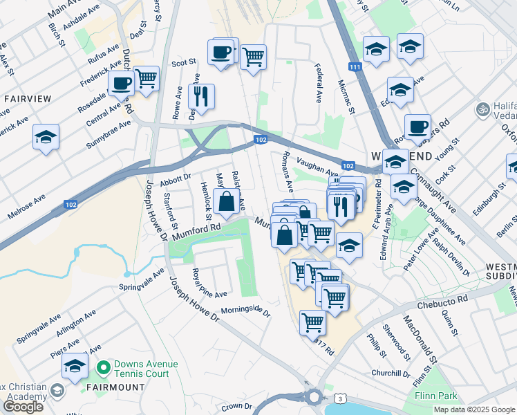 map of restaurants, bars, coffee shops, grocery stores, and more near 7037 Mumford Road in Halifax