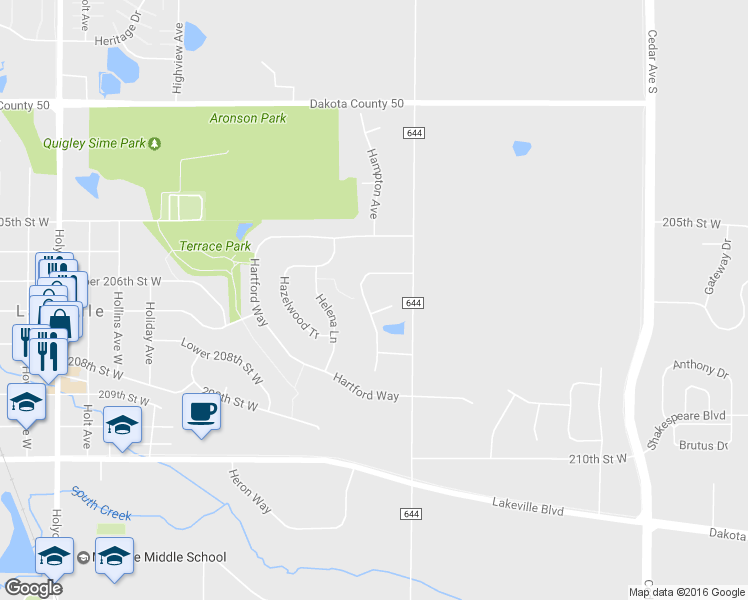 map of restaurants, bars, coffee shops, grocery stores, and more near 20614 Hampshire Way in Lakeville