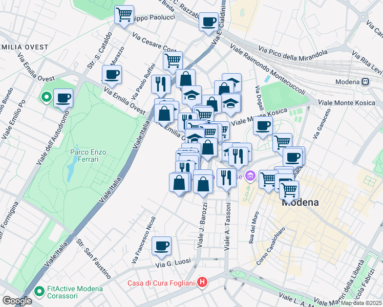 map of restaurants, bars, coffee shops, grocery stores, and more near 197 Via Emilia Ovest in Modena