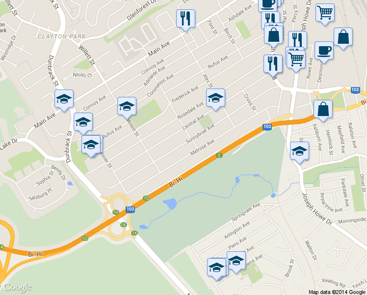 map of restaurants, bars, coffee shops, grocery stores, and more near 82 Sunnybrae Avenue in Halifax