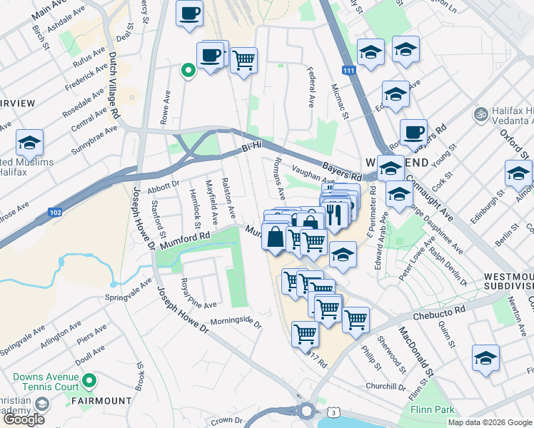 map of restaurants, bars, coffee shops, grocery stores, and more near 3156 Aikens Avenue in Halifax