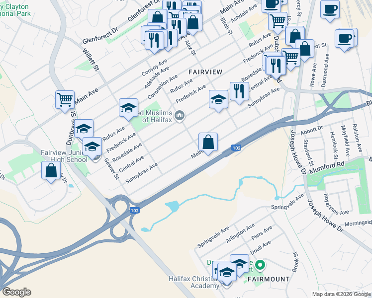 map of restaurants, bars, coffee shops, grocery stores, and more near 82 Sunnybrae Avenue in Halifax