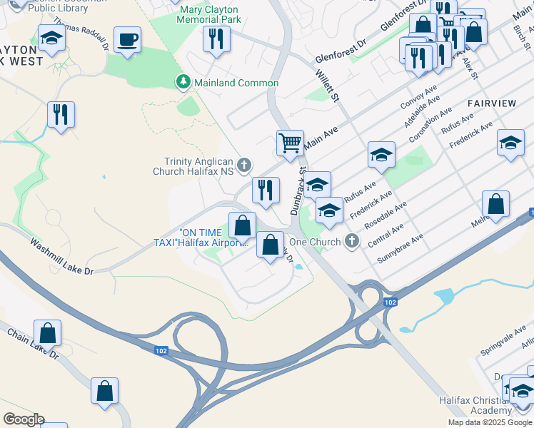 map of restaurants, bars, coffee shops, grocery stores, and more near 650 Washmill Lake Drive in Halifax