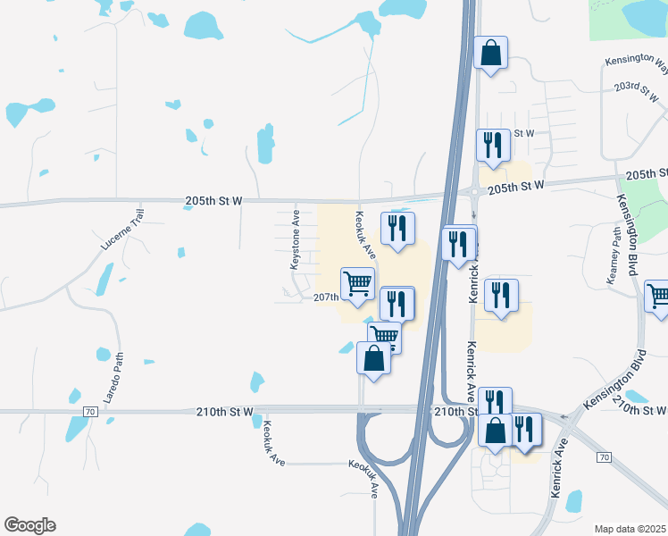 map of restaurants, bars, coffee shops, grocery stores, and more near 20653 Keokuk Avenue in Lakeville