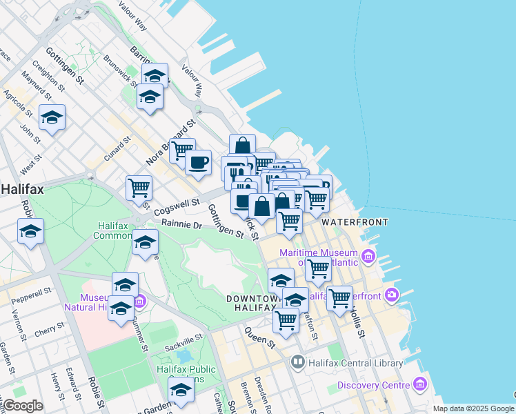 map of restaurants, bars, coffee shops, grocery stores, and more near Albemarle Street in Halifax