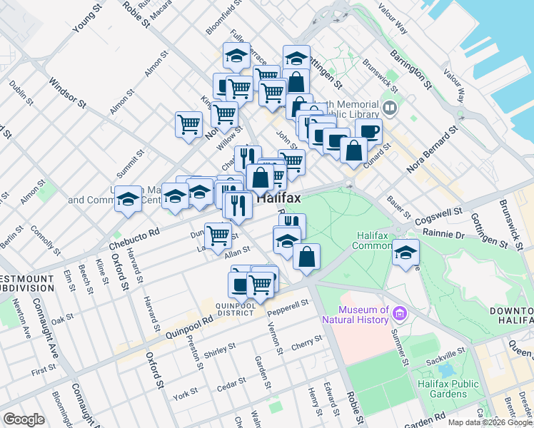 map of restaurants, bars, coffee shops, grocery stores, and more near 6035 Compton Avenue in Halifax