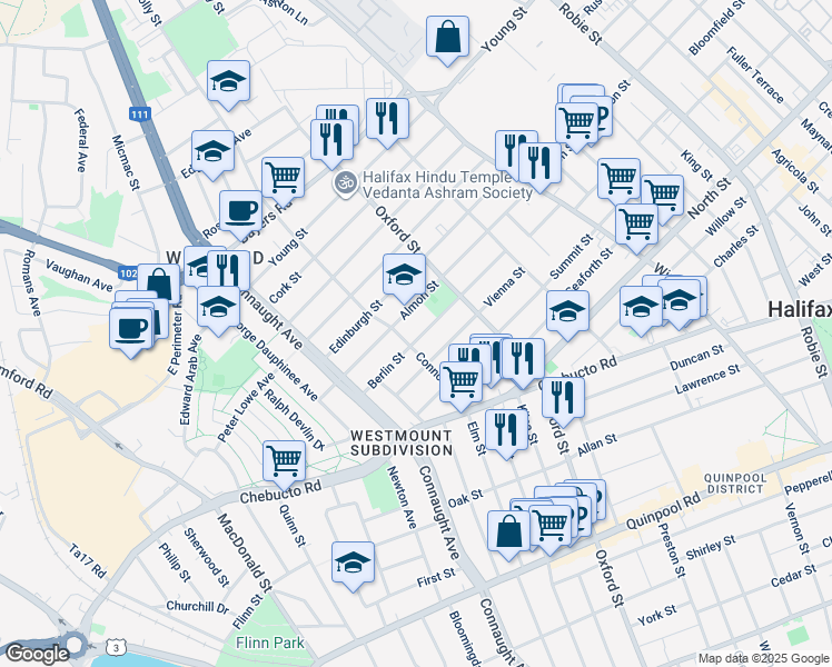 map of restaurants, bars, coffee shops, grocery stores, and more near 2773 Connolly Street in Halifax