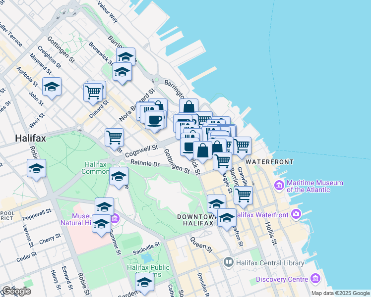 map of restaurants, bars, coffee shops, grocery stores, and more near 1960 Brunswick Street in Halifax