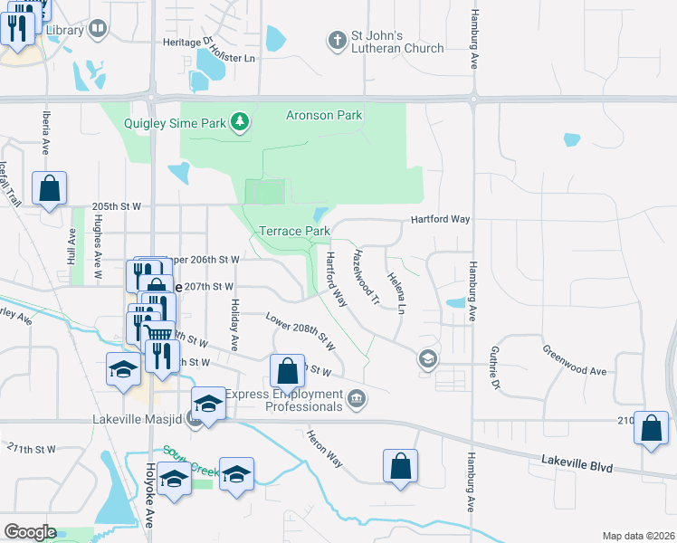 map of restaurants, bars, coffee shops, grocery stores, and more near 20674 Hartford Way in Lakeville