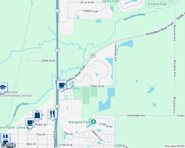 map of restaurants, bars, coffee shops, grocery stores, and more near 624 Tamarack Trail in Farmington
