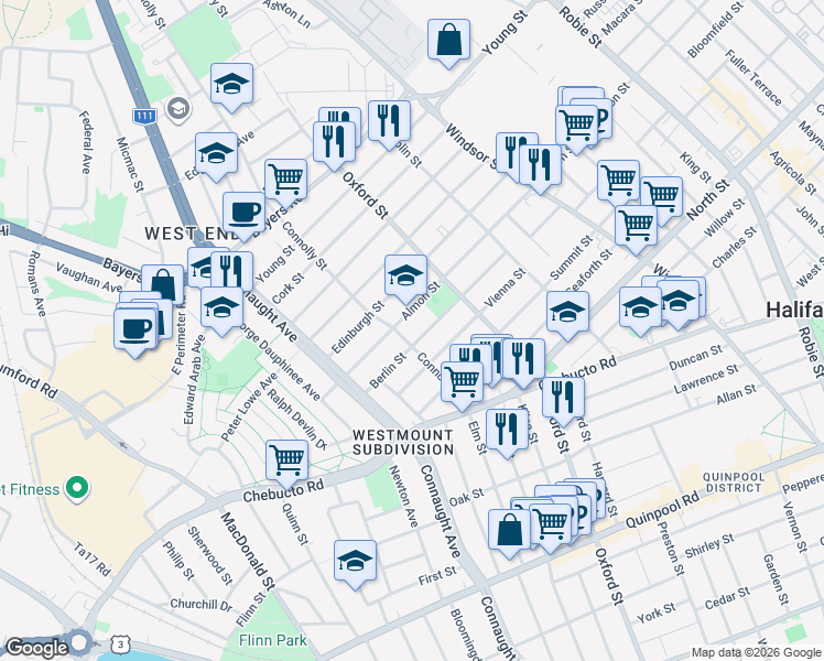 map of restaurants, bars, coffee shops, grocery stores, and more near 2793 Connolly Street in Halifax