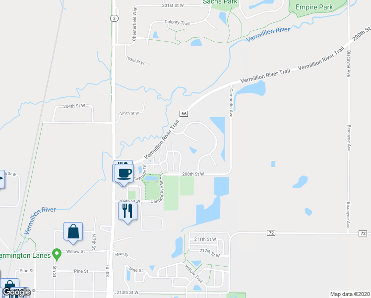 map of restaurants, bars, coffee shops, grocery stores, and more near 626 Tamarack Trail in Farmington