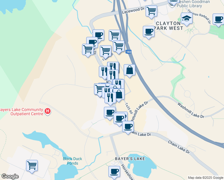 map of restaurants, bars, coffee shops, grocery stores, and more near 196b Chain Lake Drive in Halifax
