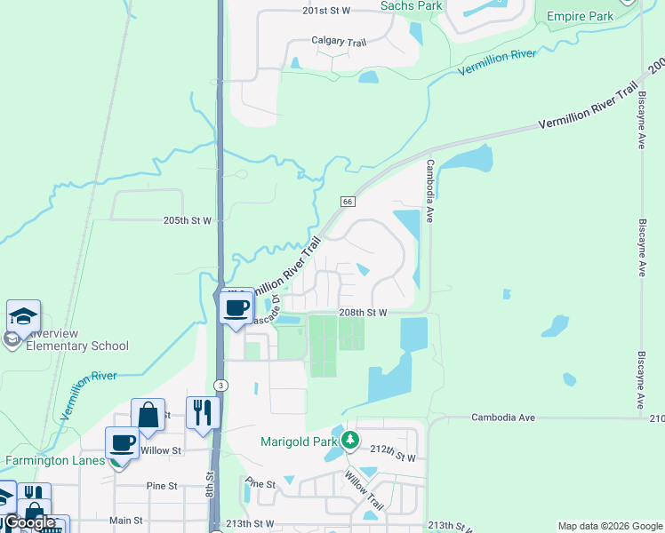 map of restaurants, bars, coffee shops, grocery stores, and more near 409 Tamarack Trail in Farmington