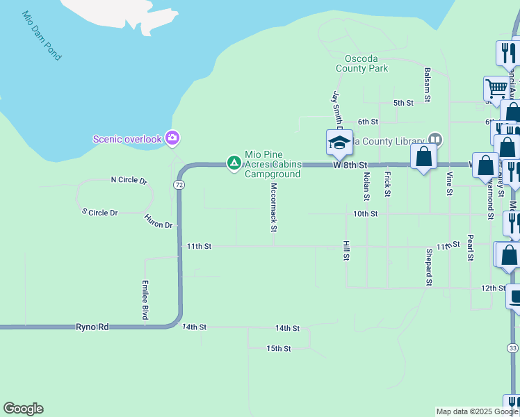map of restaurants, bars, coffee shops, grocery stores, and more near 1300 10th Street in Mio