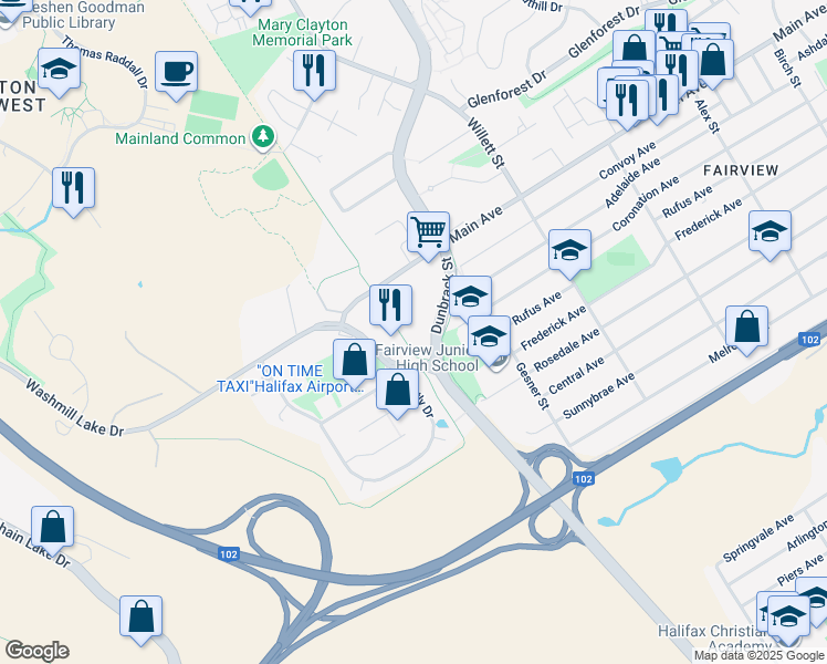 map of restaurants, bars, coffee shops, grocery stores, and more near 3 Veronica Drive in Halifax
