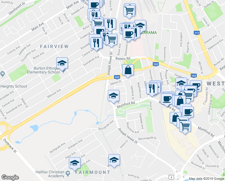 map of restaurants, bars, coffee shops, grocery stores, and more near 3176 Stanford Street in Halifax