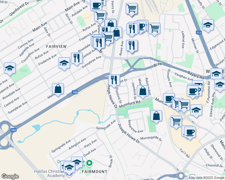 map of restaurants, bars, coffee shops, grocery stores, and more near 3176 Stanford Street in Halifax