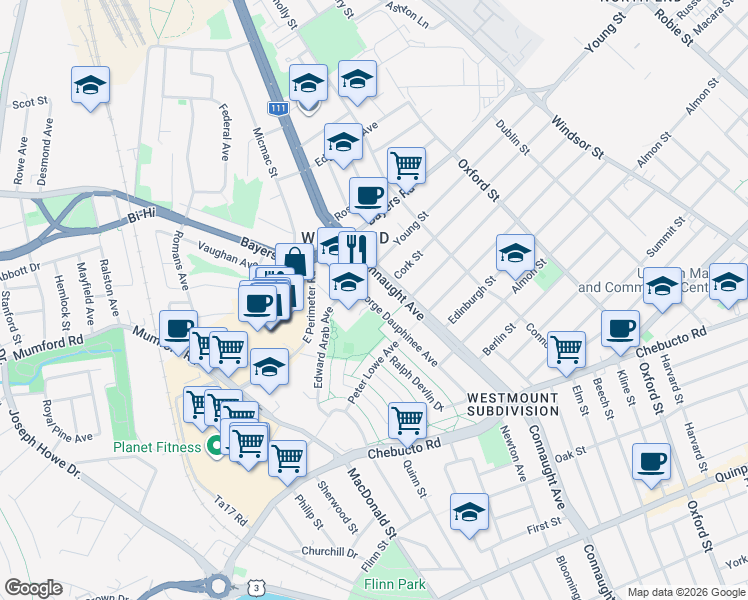 map of restaurants, bars, coffee shops, grocery stores, and more near 2993 George Dauphinee Avenue in Halifax