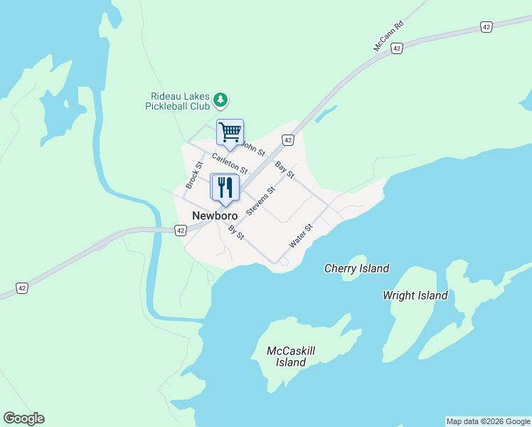 map of restaurants, bars, coffee shops, grocery stores, and more near 8 Stevens Street in Newboro