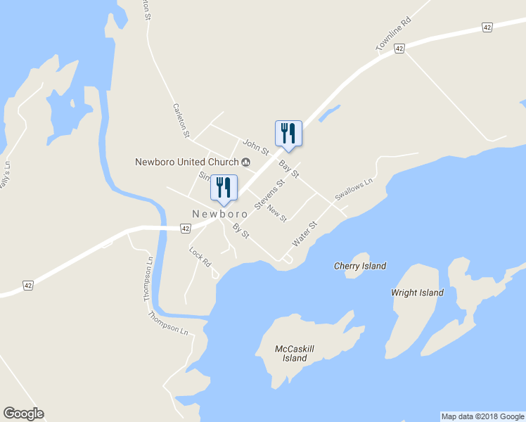 map of restaurants, bars, coffee shops, grocery stores, and more near 8 Stevens Street in Newboro