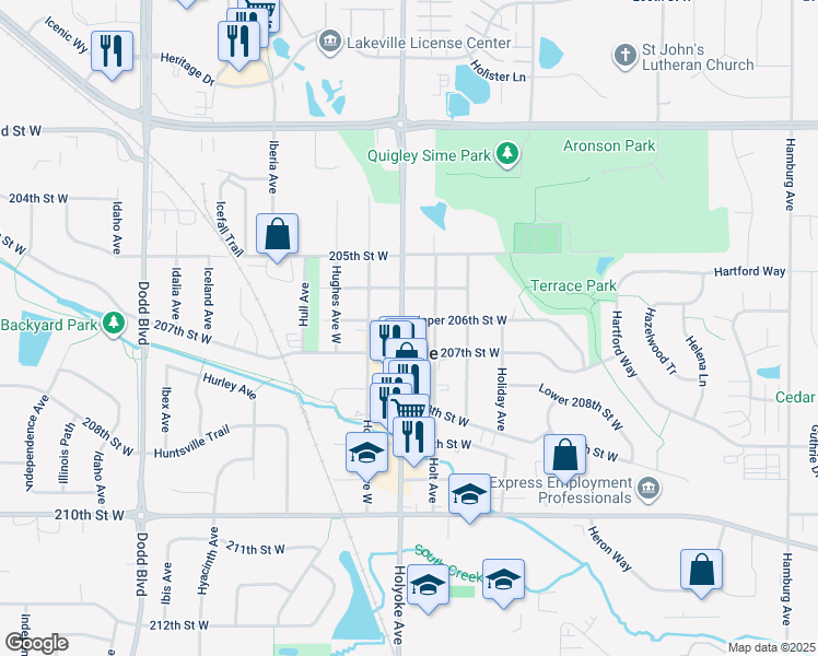 map of restaurants, bars, coffee shops, grocery stores, and more near 20655 Holyoke Avenue in Lakeville
