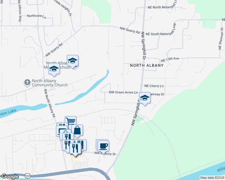 map of restaurants, bars, coffee shops, grocery stores, and more near 245 Northwest Green Acres Lane in Albany