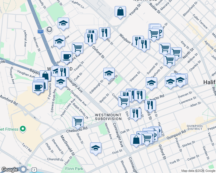 map of restaurants, bars, coffee shops, grocery stores, and more near 2793 Connolly Street in Halifax