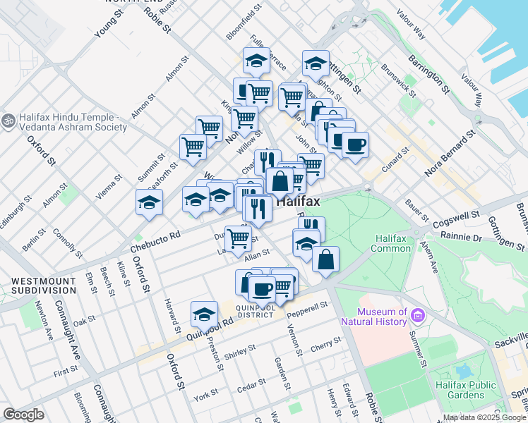 map of restaurants, bars, coffee shops, grocery stores, and more near Cunard St & Hunter St in Halifax