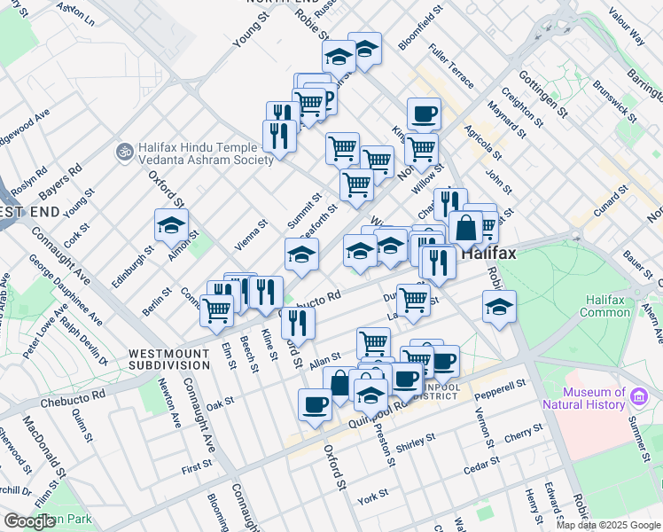 map of restaurants, bars, coffee shops, grocery stores, and more near 6307 Willow Street in Halifax